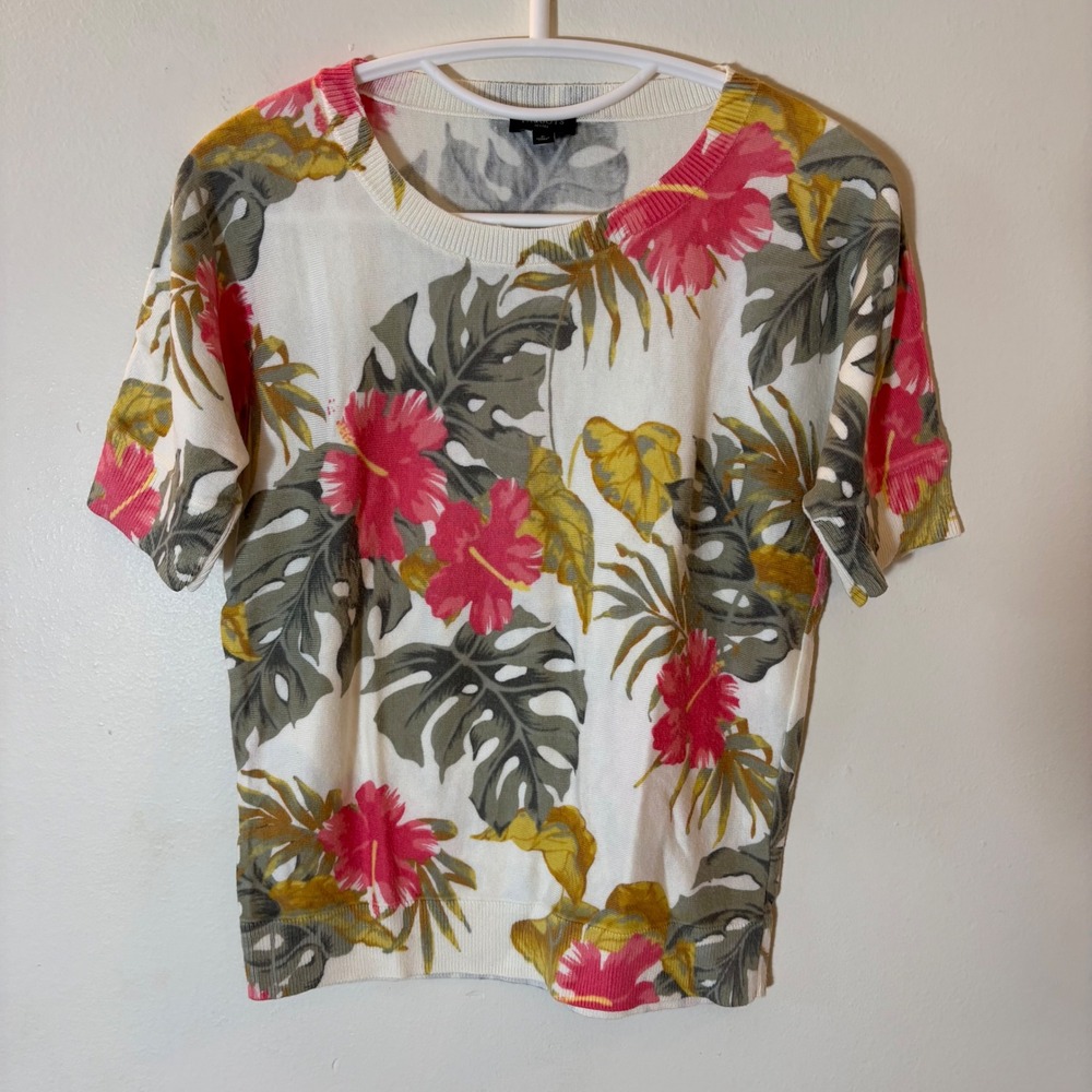 Talbots Tropical Floral Sweater Women Petites P White Pink Green